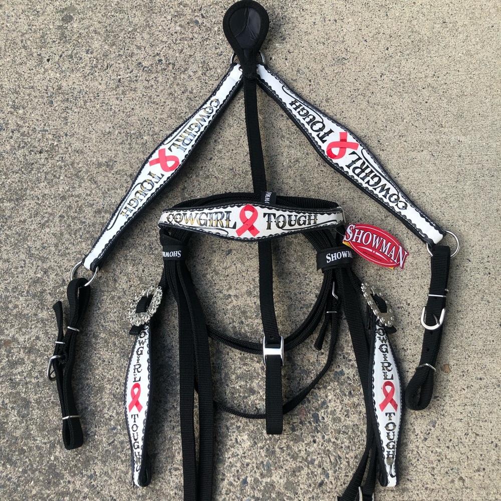 Showman Cowgirl Tough & Hope Ribbons Black Nylon Bridle And Breast Collar Set